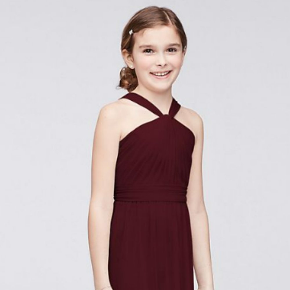 Long Ruched Mesh Y-Neck Girls Dress - Wine - Size 10